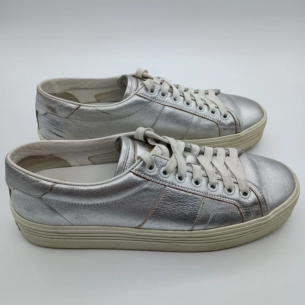 Saint Laurent Paris Silver Metallic Leather Low Top‎ Platform Sneakers EU 40